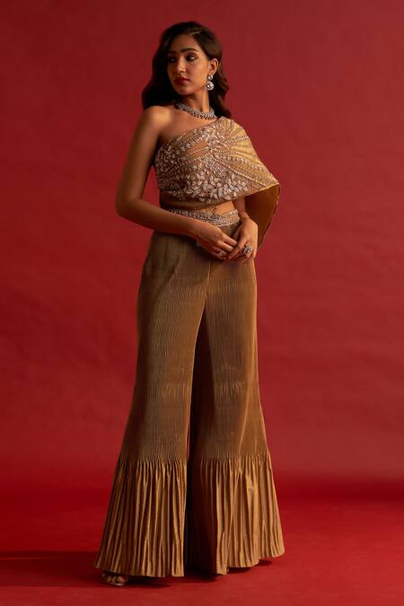 Reeti Arneja Gold Silk, Taffeta Embroidery Asymmetric Tawny Pleated Jumpsuit at Aza Fashions Reeti Arneja_Gold Silk, Taffeta Embroidery Asymmetric Tawny Pleated Jumpsuit _at_Aza_Fashions