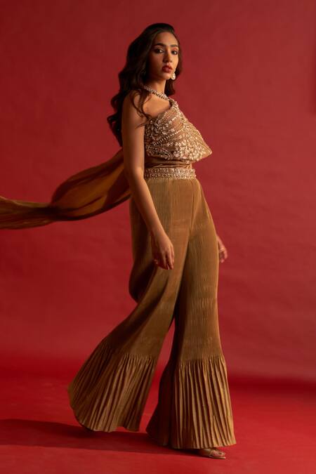 Buy Reeti Arneja Gold Silk, Taffeta Embroidery Asymmetric Tawny Pleated Jumpsuit Buy_Reeti Arneja_Gold Silk, Taffeta Embroidery Asymmetric Tawny Pleated Jumpsuit