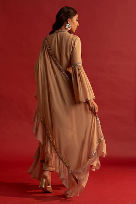 Shop Reeti Arneja Gold Georgette Cut Work, Zari, Beads, Embroidery Mandarin Bodice Kurta Set at Aza Fashions Shop_Reeti Arneja_Gold Georgette Cut Work, Zari, Beads, Embroidery Mandarin Bodice Kurta Set _at_Aza_Fashions