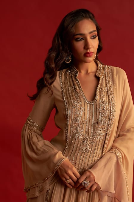 Shop Reeti Arneja Gold Georgette Cut Work, Zari, Beads, Embroidery Mandarin Bodice Kurta Set Online at Aza Fashions Shop_Reeti Arneja_Gold Georgette Cut Work, Zari, Beads, Embroidery Mandarin Bodice Kurta Set _Online_at_Aza_Fashions