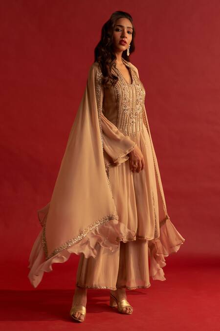 Buy Reeti Arneja Gold Georgette Cut Work, Zari, Beads, Embroidery Mandarin Bodice Kurta Set Buy_Reeti Arneja_Gold Georgette Cut Work, Zari, Beads, Embroidery Mandarin Bodice Kurta Set