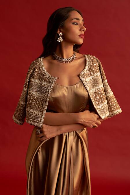 Buy_Reeti Arneja_Gold Silk Satin Cut Work, Beads, Pearls Draped Gown With Embroidered Jacket _Online_at_Aza_Fashions