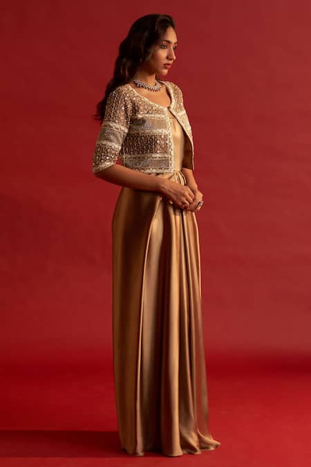 Shop_Reeti Arneja_Gold Silk Satin Cut Work, Beads, Pearls Draped Gown With Embroidered Jacket _Online_at_Aza_Fashions
