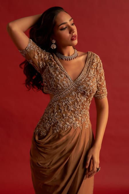 Reeti Arneja_Gold Organza Zari, Cut Work Zardozi Embroidered Draped Saree Gown _Online_at_Aza_Fashions
