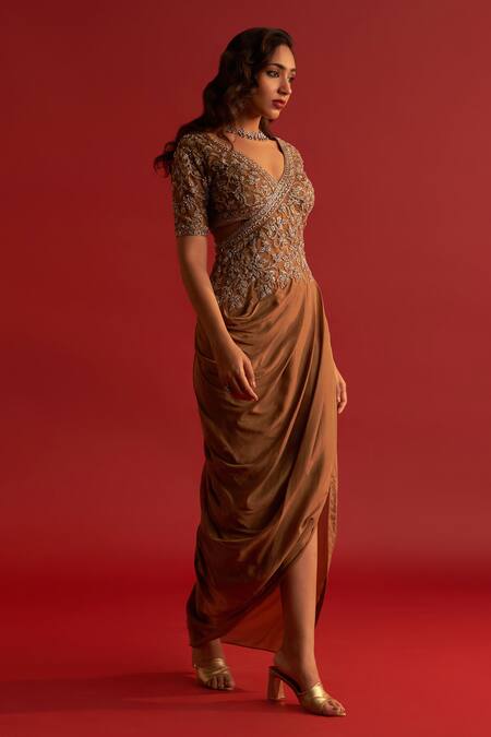 Buy_Reeti Arneja_Gold Organza Zari, Cut Work Zardozi Embroidered Draped Saree Gown _Online_at_Aza_Fashions