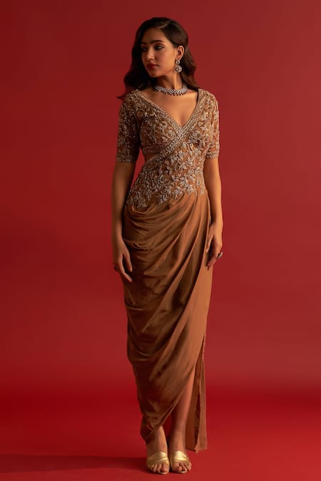 Shop_Reeti Arneja_Gold Organza Zari, Cut Work Zardozi Embroidered Draped Saree Gown _Online_at_Aza_Fashions