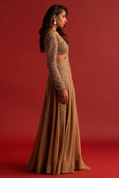 Buy_Reeti Arneja_Gold Organza Cut Work, Zari, Smocking V-neck Auric Embellished Saree Gown _Online_at_Aza_Fashions