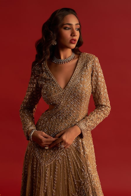 Shop_Reeti Arneja_Gold Organza Cut Work, Zari, Smocking V-neck Auric Embellished Saree Gown _Online_at_Aza_Fashions