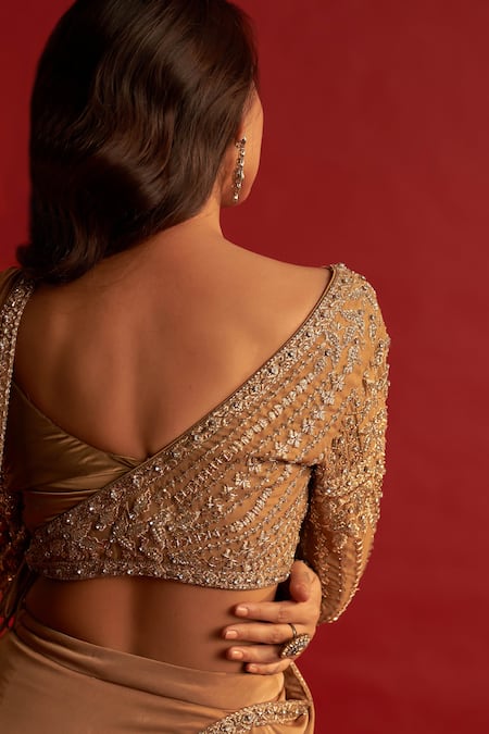 Shop Reeti Arneja Gold Organza, Silk Smocking Pre-stitched Draped Saree With Embroidered Blouse at Aza Fashions Shop_Reeti Arneja_Gold Organza, Silk Smocking Pre-stitched Draped Saree With Embroidered Blouse _at_Aza_Fashions