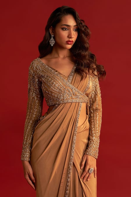 Brown Ready to Wear Stitched Lycra Saree With Heavy Embroidery