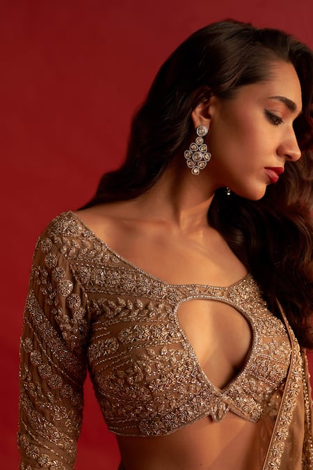 Shop_Reeti Arneja_Gold Georgette Zari, Pre-stitched Draped Saree With Floral Embroidered Blouse 