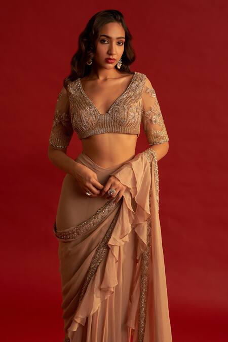Reeti Arneja Gold Georgette Embroidery, Sequins Ruffle Pre-stitched Draped Saree With Blouse Online at Aza Fashions Reeti Arneja_Gold Georgette Embroidery, Sequins Ruffle Pre-stitched Draped Saree With Blouse _Online_at_Aza_Fashions