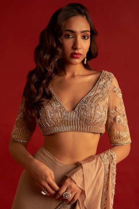 Buy Reeti Arneja Gold Georgette Embroidery, Sequins Ruffle Pre-stitched Draped Saree With Blouse Online at Aza Fashions Buy_Reeti Arneja_Gold Georgette Embroidery, Sequins Ruffle Pre-stitched Draped Saree With Blouse _Online_at_Aza_Fashions