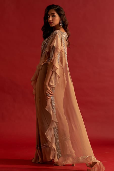 Reeti Arneja Gold Georgette Embroidery, Sequins Ruffle Pre-stitched Draped Saree With Blouse at Aza Fashions Reeti Arneja_Gold Georgette Embroidery, Sequins Ruffle Pre-stitched Draped Saree With Blouse _at_Aza_Fashions