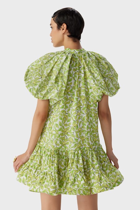 Shop The Iaso Green Cotton Mandarin Collar Leaf Print Short Dress at Aza Fashions Shop_The Iaso_Green Cotton Mandarin Collar Leaf Print Short Dress _at_Aza_Fashions