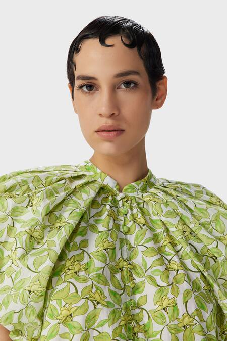 The Iaso Green Cotton Mandarin Collar Leaf Print Short Dress Online at Aza Fashions The Iaso_Green Cotton Mandarin Collar Leaf Print Short Dress _Online_at_Aza_Fashions