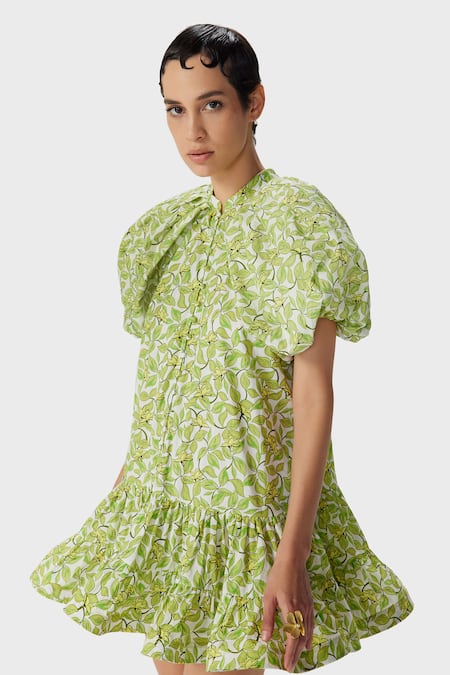 Buy The Iaso Green Cotton Mandarin Collar Leaf Print Short Dress Online at Aza Fashions Buy_The Iaso_Green Cotton Mandarin Collar Leaf Print Short Dress _Online_at_Aza_Fashions