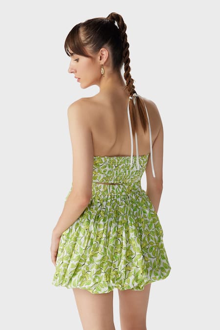 Shop_The Iaso_Green Cotton Leaf Print Mini Skirt _at_Aza_Fashions