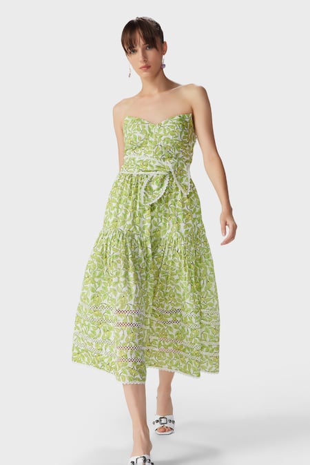 THE IASO Green Cotton Poplin Woven Leaf Tube Neck Print Corset Midi Dress 