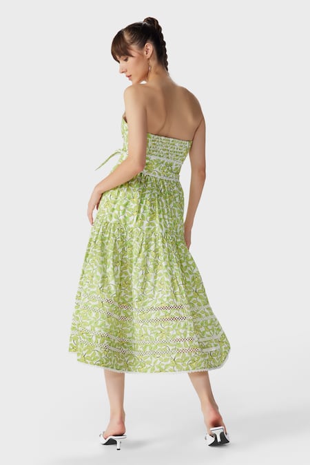Shop The Iaso Green Cotton Bandeau Neck Leaf Print Corset Midi Dress at Aza Fashions Shop_The Iaso_Green Cotton Bandeau Neck Leaf Print Corset Midi Dress _at_Aza_Fashions