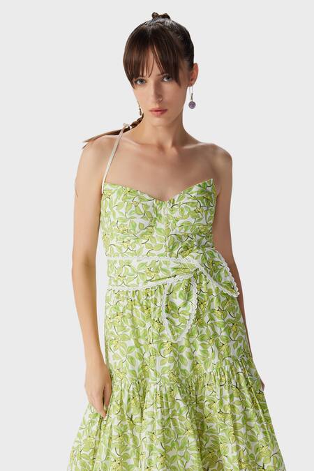 The Iaso Green Cotton Bandeau Neck Leaf Print Corset Midi Dress Online at Aza Fashions The Iaso_Green Cotton Bandeau Neck Leaf Print Corset Midi Dress _Online_at_Aza_Fashions