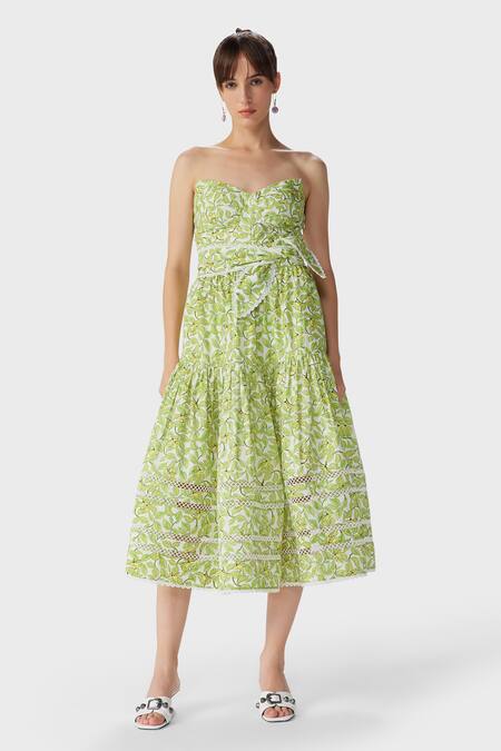 Buy The Iaso Green Cotton Bandeau Neck Leaf Print Corset Midi Dress Online at Aza Fashions Buy_The Iaso_Green Cotton Bandeau Neck Leaf Print Corset Midi Dress _Online_at_Aza_Fashions
