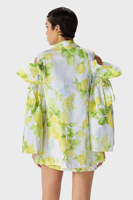 Shop_The Iaso_White Gingham, Cotton Collared Leaf Print Oversized Jacket _at_Aza_Fashions
