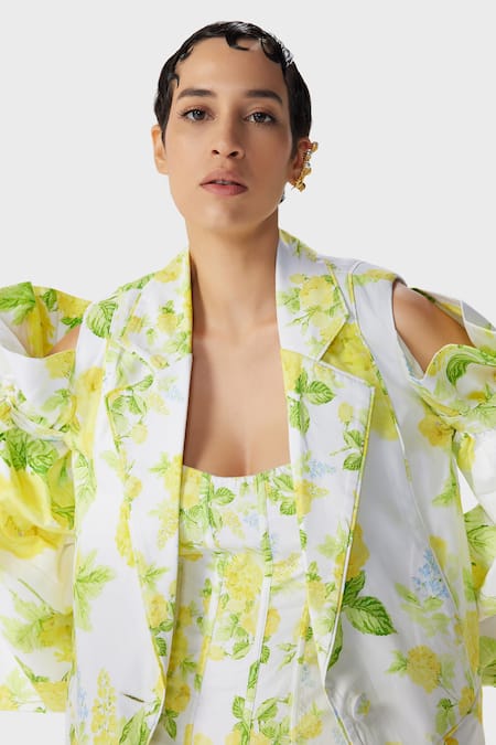 The Iaso_White Gingham, Cotton Collared Leaf Print Oversized Jacket _Online_at_Aza_Fashions
