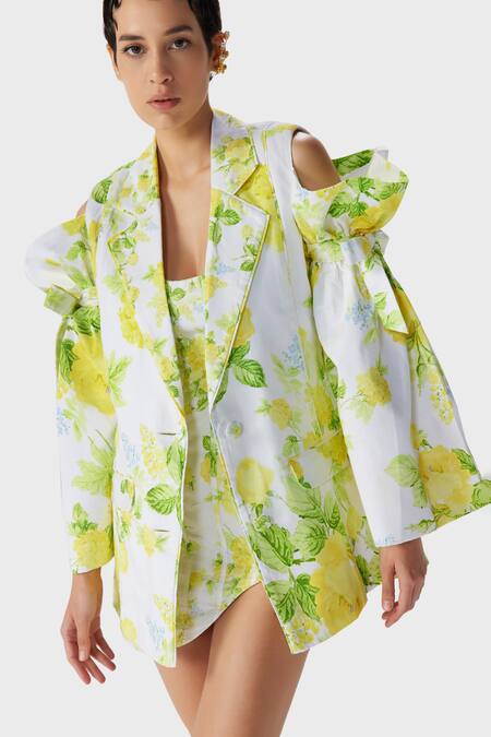 Buy_The Iaso_White Gingham, Cotton Collared Leaf Print Oversized Jacket _Online_at_Aza_Fashions