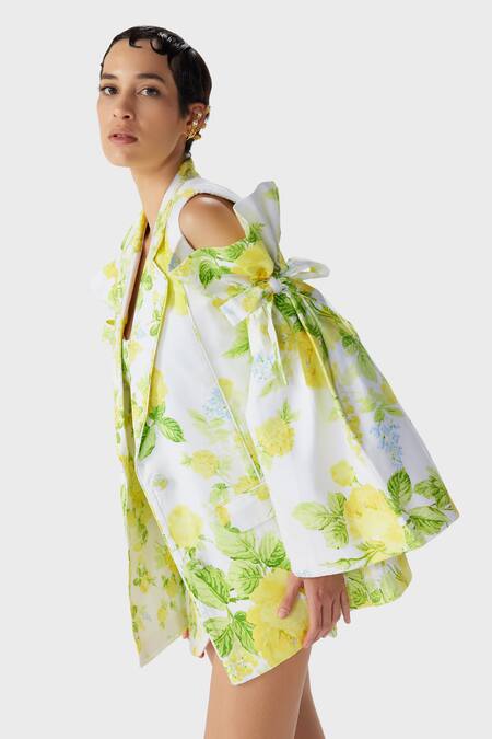 Shop_The Iaso_White Gingham, Cotton Collared Leaf Print Oversized Jacket _Online_at_Aza_Fashions