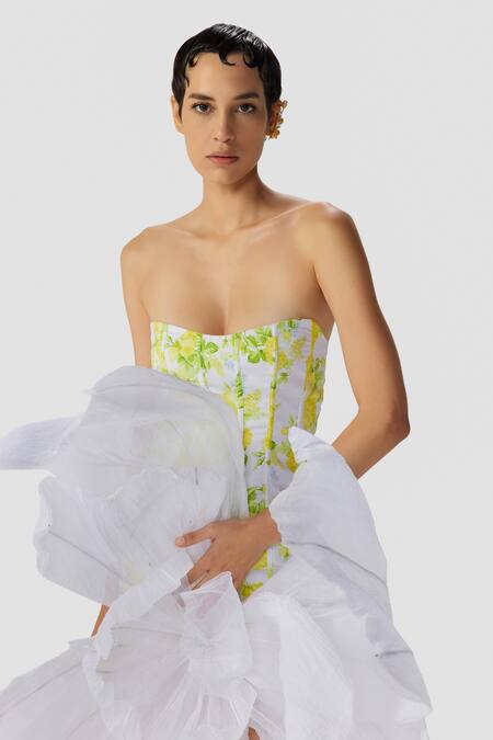 Buy The Iaso White Gingham, Cotton Embroidery Bandeau Neck Leaf Print Sheath Short Dress Online at Aza Fashions Buy_The Iaso_White Gingham, Cotton Embroidery Bandeau Neck Leaf Print Sheath Short Dress _Online_at_Aza_Fashions