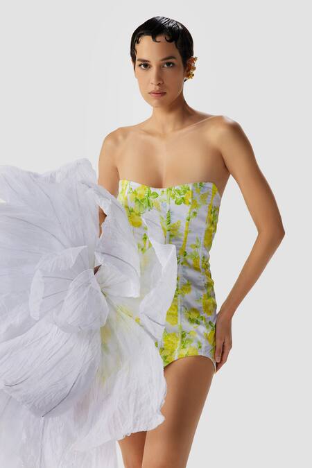 The Iaso White Gingham, Cotton Embroidery Bandeau Neck Leaf Print Sheath Short Dress at Aza Fashions The Iaso_White Gingham, Cotton Embroidery Bandeau Neck Leaf Print Sheath Short Dress _at_Aza_Fashions