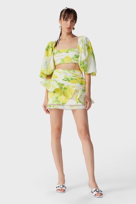 THE IASO White Cotton Lace Leaf Print Woven Mini Skirt 