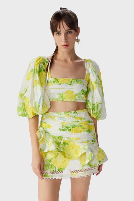 The Iaso_White Cotton Lace Leaf Print Woven Mini Skirt _Online_at_Aza_Fashions