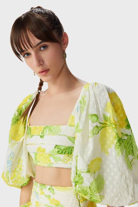 The Iaso_White Cotton Square Neck Leaf Print Crop Top _Online_at_Aza_Fashions