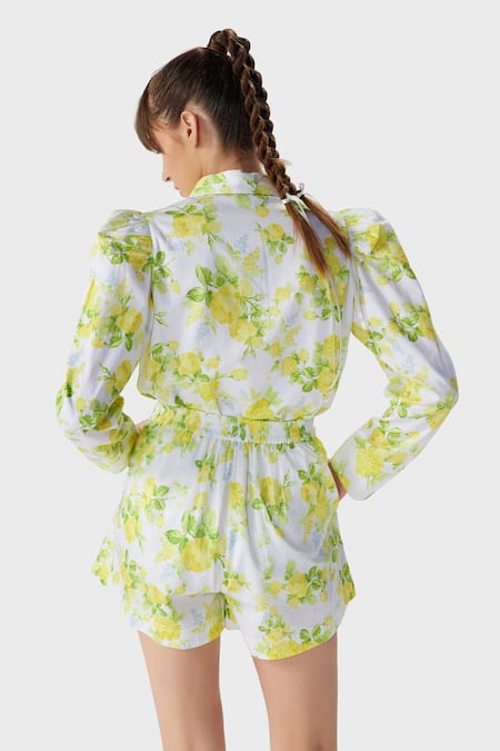 Shop The Iaso White Gingham Embroidery Collared Leaf Print Woven Shirt at Aza Fashions Shop_The Iaso_White Gingham Embroidery Collared Leaf Print Woven Shirt _at_Aza_Fashions