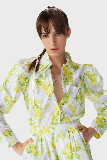 The Iaso White Gingham Embroidery Collared Leaf Print Woven Shirt Online at Aza Fashions The Iaso_White Gingham Embroidery Collared Leaf Print Woven Shirt _Online_at_Aza_Fashions