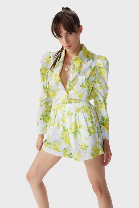 Buy The Iaso White Gingham Embroidery Collared Leaf Print Woven Shirt Online at Aza Fashions Buy_The Iaso_White Gingham Embroidery Collared Leaf Print Woven Shirt _Online_at_Aza_Fashions