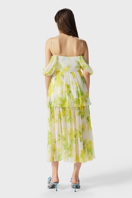 Shop The Iaso White Crepe, Modal Square Neck Leaf Print Double-layered Midi Dress at Aza Fashions Shop_The Iaso_White Crepe, Modal Square Neck Leaf Print Double-layered Midi Dress _at_Aza_Fashions