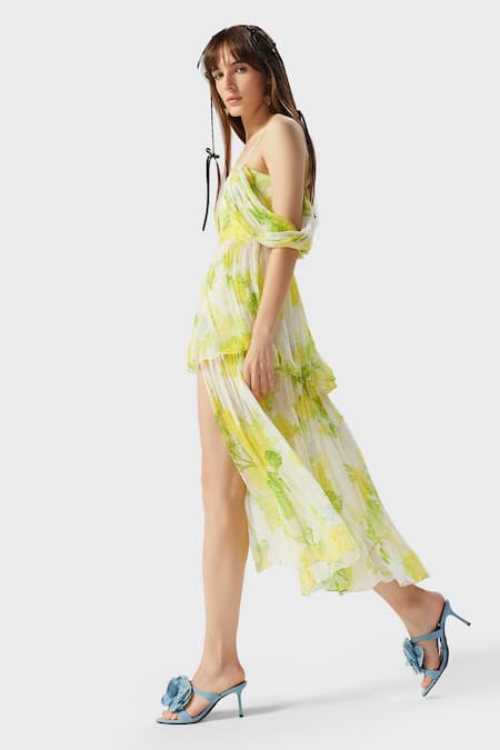 The Iaso White Crepe, Modal Square Neck Leaf Print Double-layered Midi Dress Online at Aza Fashions The Iaso_White Crepe, Modal Square Neck Leaf Print Double-layered Midi Dress _Online_at_Aza_Fashions