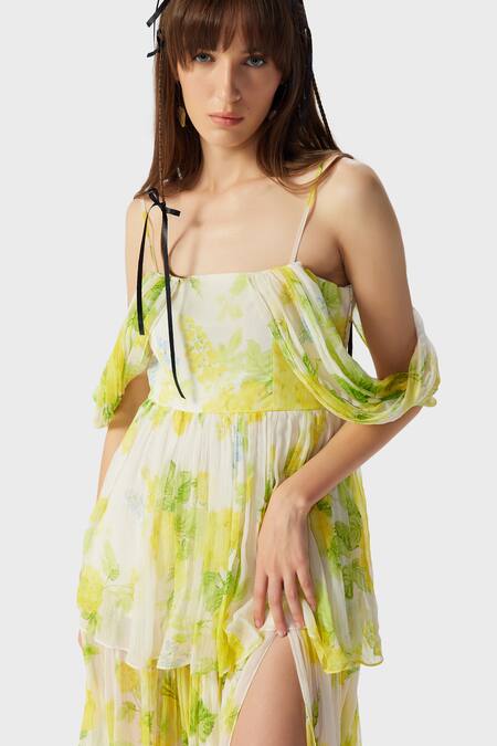 Buy The Iaso White Crepe, Modal Square Neck Leaf Print Double-layered Midi Dress Online at Aza Fashions Buy_The Iaso_White Crepe, Modal Square Neck Leaf Print Double-layered Midi Dress _Online_at_Aza_Fashions