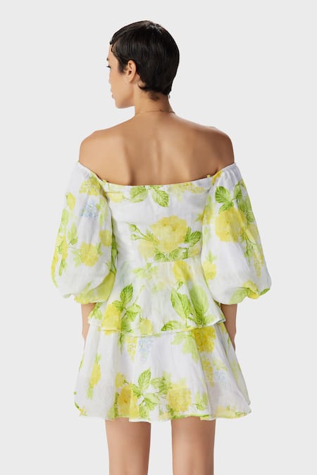 Shop The Iaso White Linen, Cotton Embroidery Off-shoulder Leaf Print Woven Short Dress at Aza Fashions Shop_The Iaso_White Linen, Cotton Embroidery Off-shoulder Leaf Print Woven Short Dress _at_Aza_Fashions
