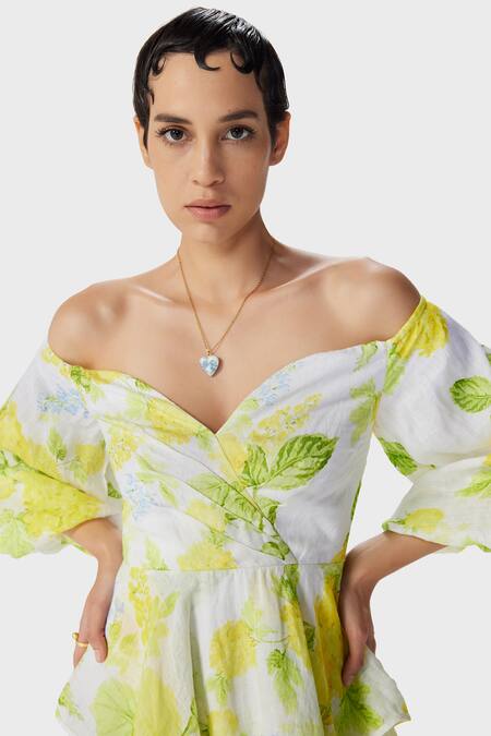 Buy The Iaso White Linen, Cotton Embroidery Off-shoulder Leaf Print Woven Short Dress Online at Aza Fashions Buy_The Iaso_White Linen, Cotton Embroidery Off-shoulder Leaf Print Woven Short Dress _Online_at_Aza_Fashions