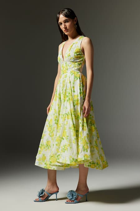 THE IASO Leaf Print Woven Corset Midi Dress 