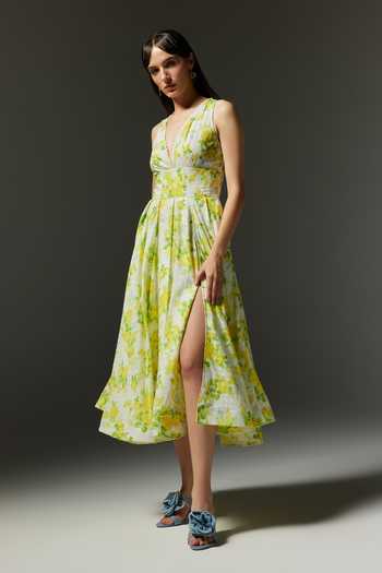 The Iaso White Cotton V-neck Leaf Print Woven Corset Midi Dress Online at Aza Fashions The Iaso_White Cotton V-neck Leaf Print Woven Corset Midi Dress _Online_at_Aza_Fashions