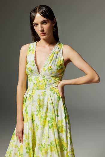 Buy The Iaso White Cotton V-neck Leaf Print Woven Corset Midi Dress Online at Aza Fashions Buy_The Iaso_White Cotton V-neck Leaf Print Woven Corset Midi Dress _Online_at_Aza_Fashions