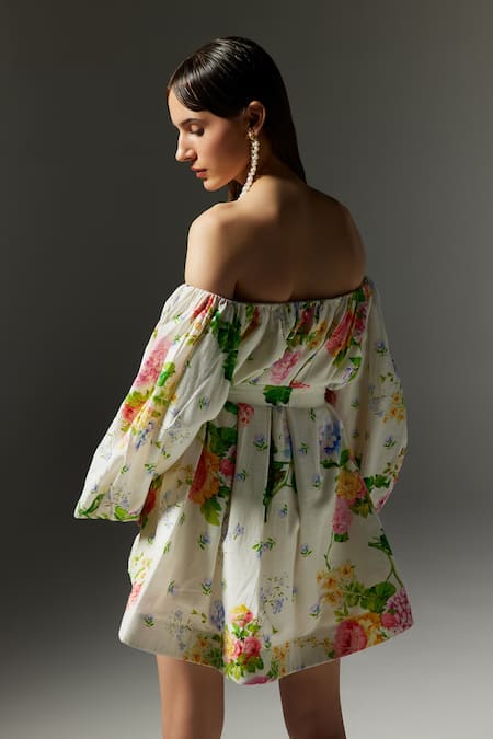 Shop The Iaso Off White Cotton Off-shoulder Floral Print Short Dress at Aza Fashions Shop_The Iaso_Off White Cotton Off-shoulder Floral Print Short Dress _at_Aza_Fashions