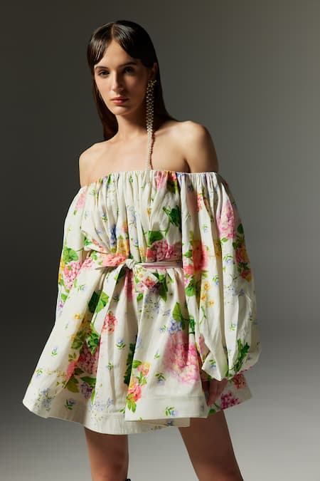The Iaso Off White Cotton Off-shoulder Floral Print Short Dress Online at Aza Fashions The Iaso_Off White Cotton Off-shoulder Floral Print Short Dress _Online_at_Aza_Fashions