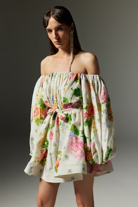 Buy The Iaso Off White Cotton Off-shoulder Floral Print Short Dress Online at Aza Fashions Buy_The Iaso_Off White Cotton Off-shoulder Floral Print Short Dress _Online_at_Aza_Fashions