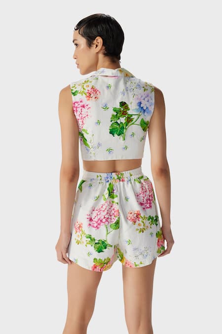 Shop The Iaso Off White Cotton Collared Floral Print Crop Top at Aza Fashions Shop_The Iaso_Off White Cotton Collared Floral Print Crop Top _at_Aza_Fashions